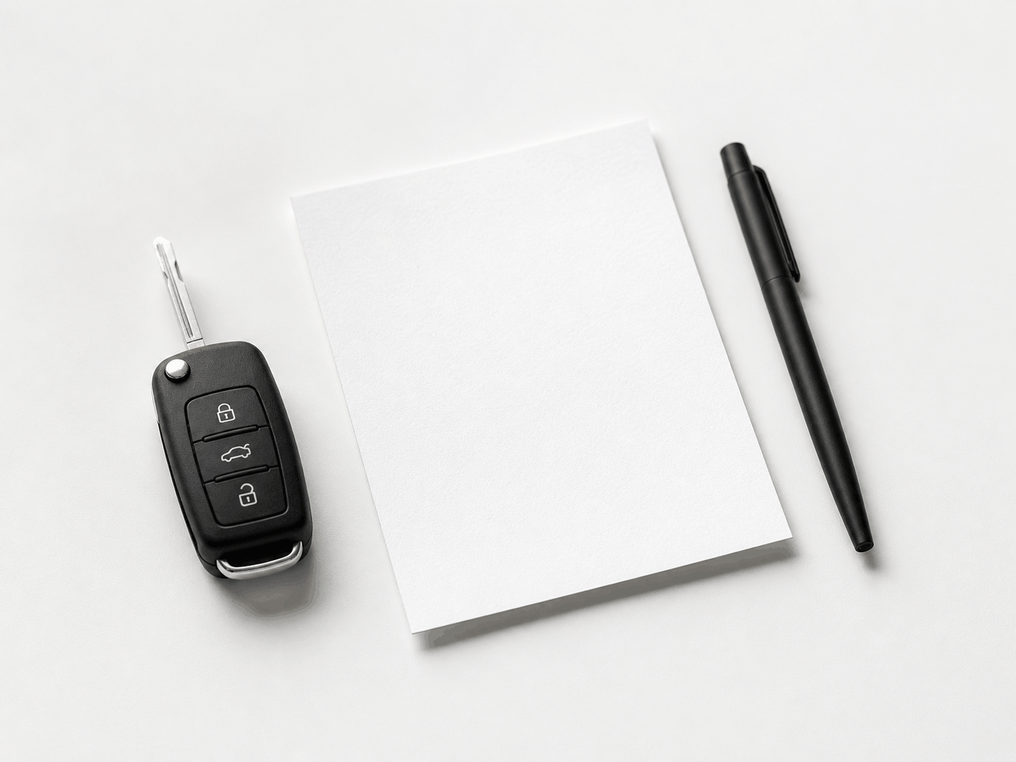 One car key and simple route note on a clean white desk