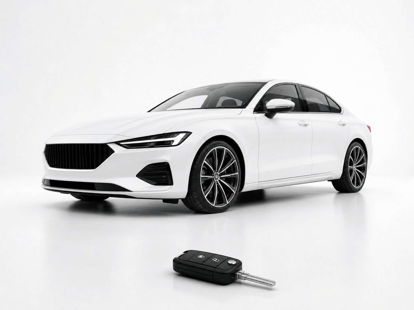 Minimal white rental car with one key on a clean bright background