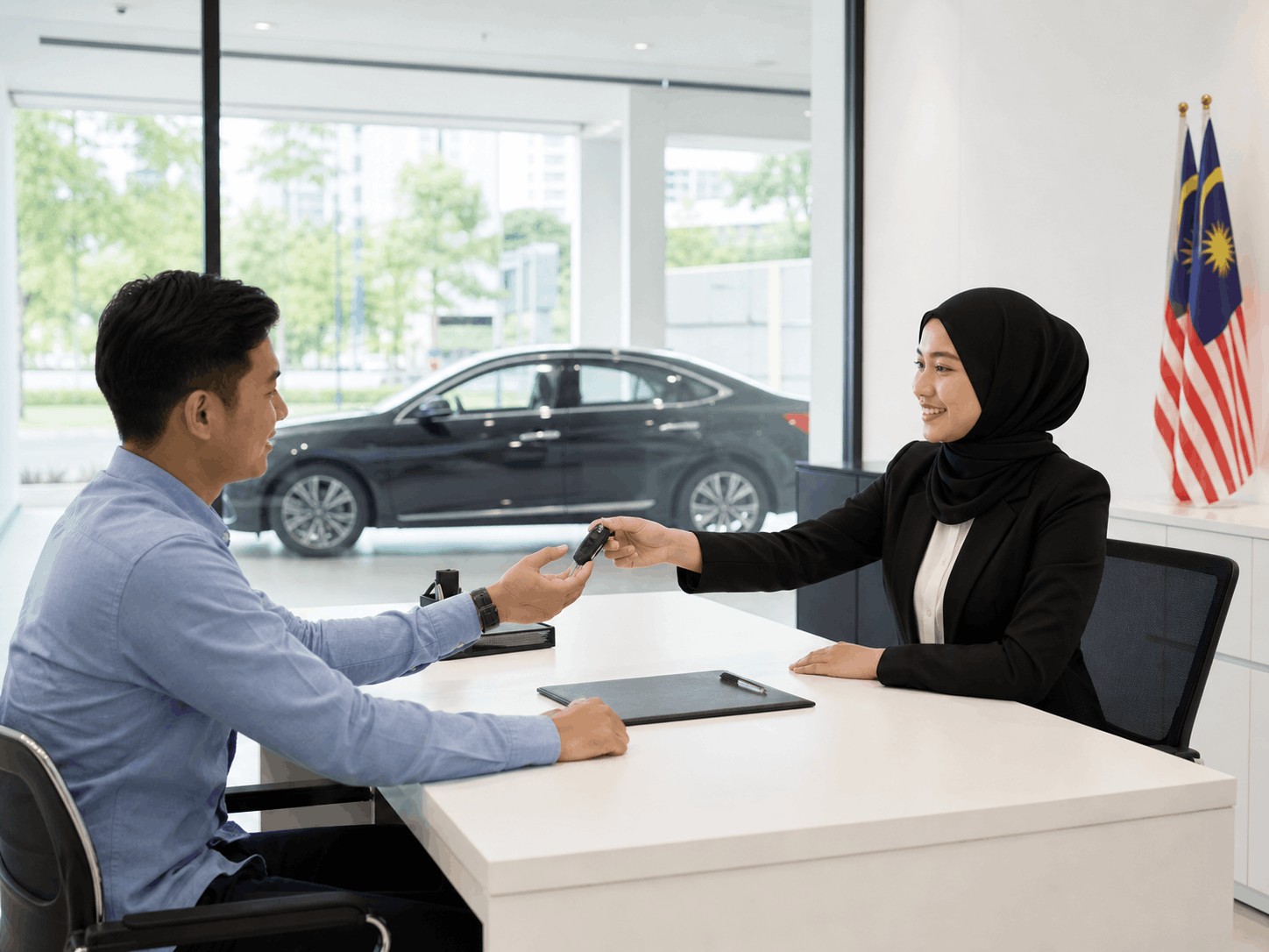 Customer receiving one car key from a Nowarena staff member in a minimal rental office